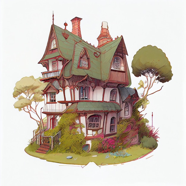 Ilustração de design de casa do Studio Ghibli, casa na árvore, ideias de design de casa de desenho animado