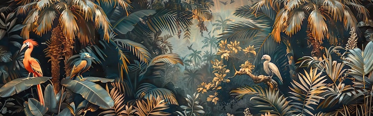 Foto ilustração de design de impressão de papel de parede tropical com folhas de banana de palma e aves exóticas em textura de tela plantas tropicais e aves em fundo texturizado ilustração gerada por ia