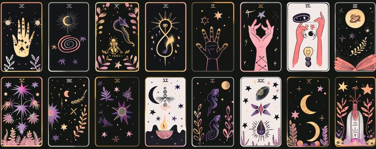 Foto ilustração de design moderno com uma moldura de cartas de tarot, cartazes de astrologia, símbolo oculto de estilo boho e sinal celestial e fundo de olho mágico
