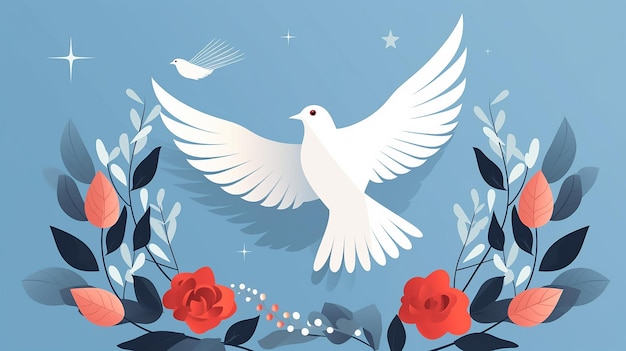 ilustração de design plano de um pombo e flor em fundo azul para o dia internacional da paz ba...