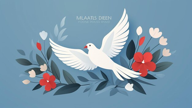 ilustração de design plano de um pombo e flor em fundo azul para o dia internacional da paz ba...