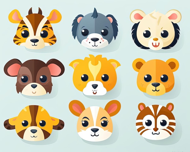 Foto ilustração de diferentes cabeças de animais de desenho animado no estilo de animação desenhada à mão