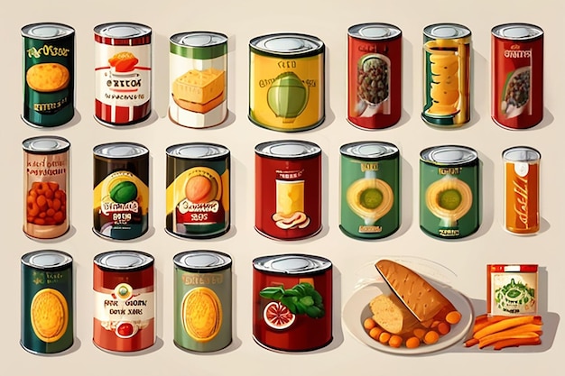 Ilustração de diferentes tipos de alimentos enlatados