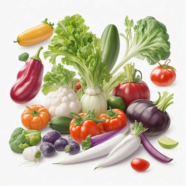 Ilustração de diferentes tipos de vegetais em fundo branco gerada por Ai
