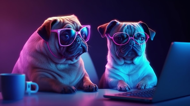 Ilustração de dois cães pug usando óculos sentados na frente de um laptop