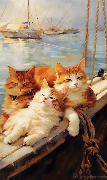 Foto ilustração de dois gatos bonitos no veleiro com aquarela generative ai