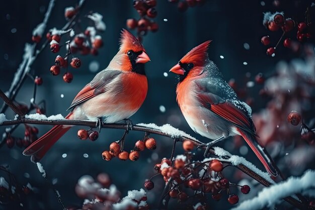 Ilustração de dois pássaros empoleirados em um galho de árvore Generative AI