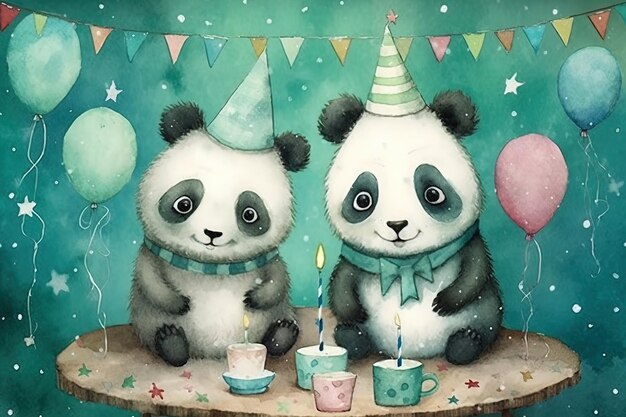 Ilustração de dois pequenos pandas celebrando um aniversário com balões e bolo