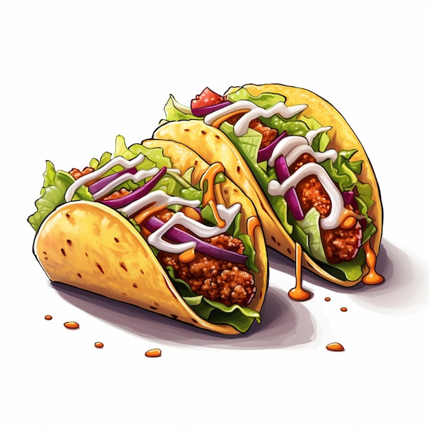 ilustração de dois tacos com carne e legumes em um fundo branco ai generativo
