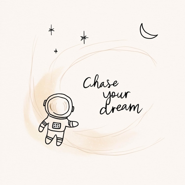 Ilustração de Doodle de Astronauta com palavras de motivação em fundo pastel e aquarela