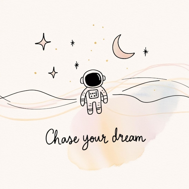 Ilustração de Doodle de Astronauta com palavras de motivação em fundo pastel e aquarela