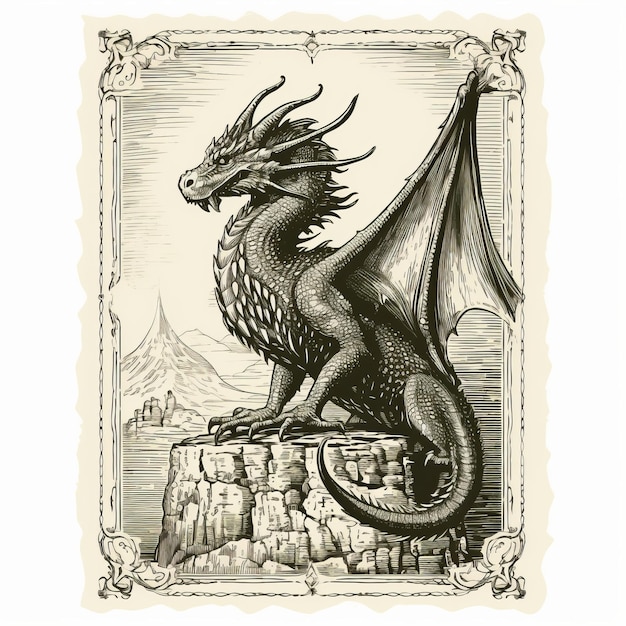 Foto ilustração de dragão em rocha em estilo de cartaz vintage