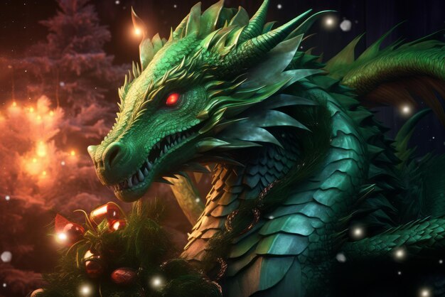 Ilustração de dragão verde em fundo de Natal Símbolo generativo ai do ano 2024 no calendário chinês.