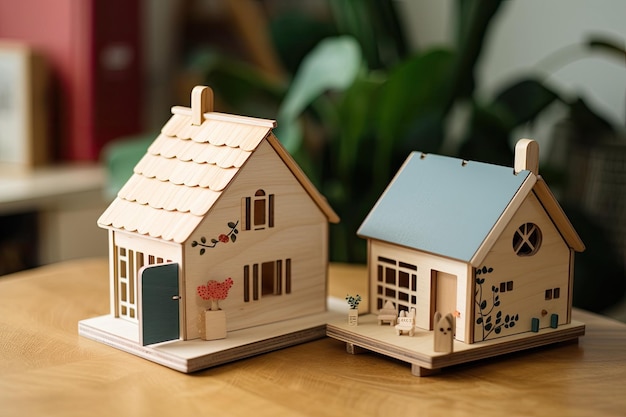 Ilustração de duas casas de madeira em uma mesa IA generativa