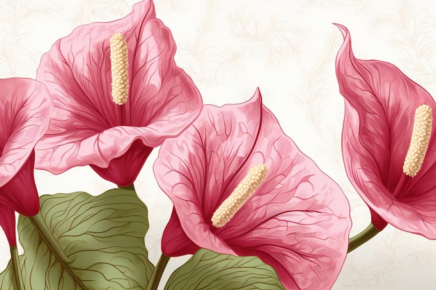 Ilustração de duas flores de antúrio rosa em um fundo floral