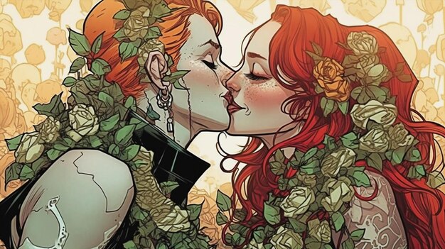 ilustração de duas mulheres se beijando com flores no cabelo