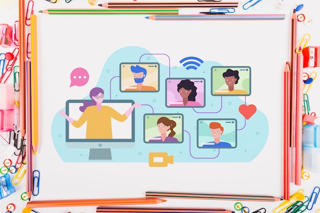 Ilustração de E-learning no papel ao lado de elementos educacionais