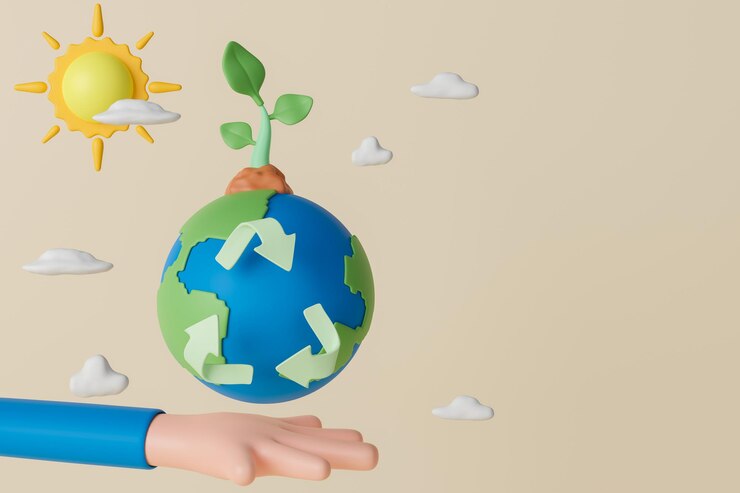 Foto ilustração de ecologia e meio ambiente de conceito de renderização 3d com a mão segurando a terra com ícone de reciclagem