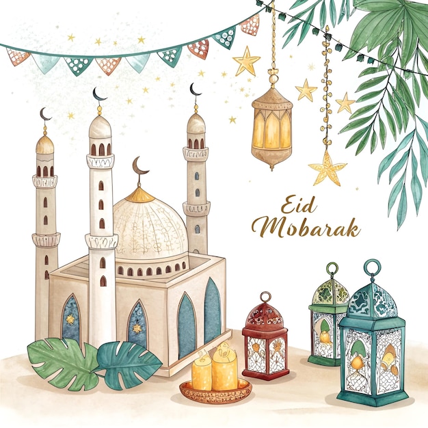 Ilustração de Eid Mubarak com lanternas e decorações de mesquitas