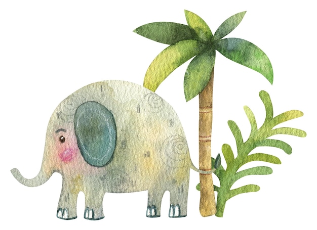 ilustração de elefante decorativo cercado por flores de folhas tropicais e palmeiras