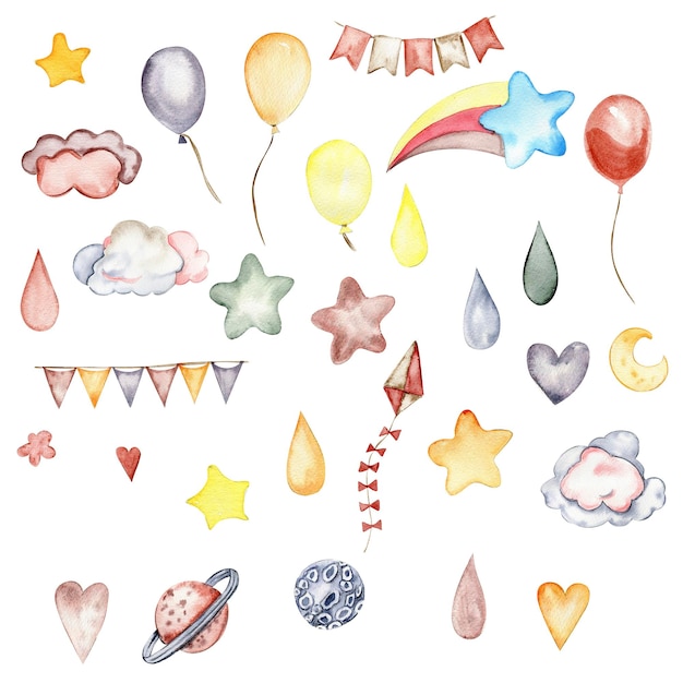Ilustração de elementos de celebração de festa bonitos pintados à mão em aquarela