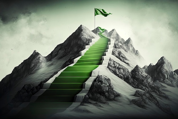 Foto ilustração de escadas de montanha com bandeira no topo conceito de escalada para o sucesso ai