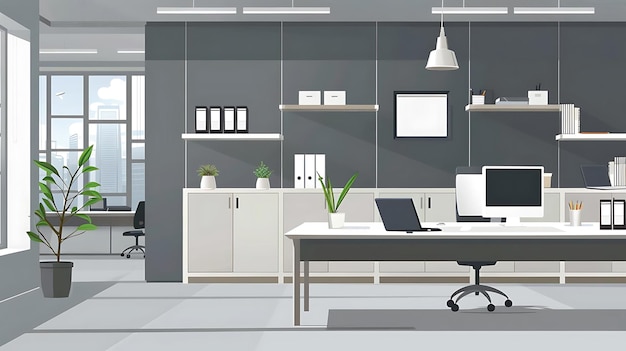 Ilustração de escritório minimalista moderno com mesa branca e vista da cidade