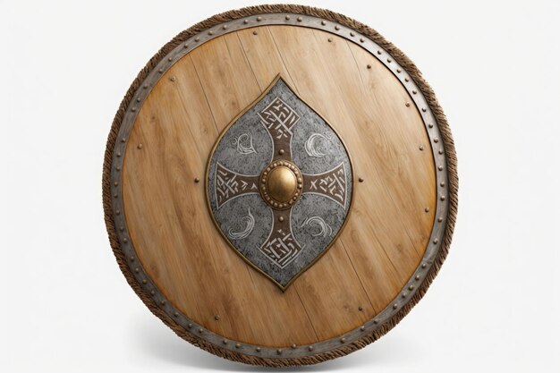 Ilustração de escudo viking de madeira fundo branco Generative AI
