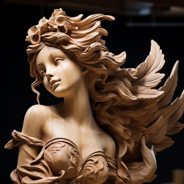 ilustração de Escultura de uma menina anjo em madeira esculpida em madeira