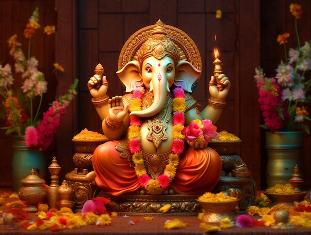Ilustração de escultura do Senhor Ganesha com elementos decorativos