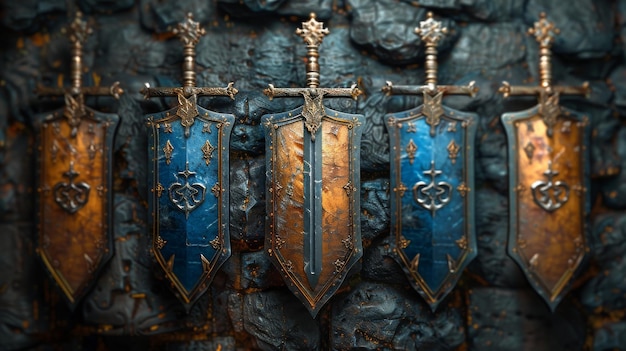 Ilustração de espadas rúnicas e escudos heráldicos azuis e laranjas
