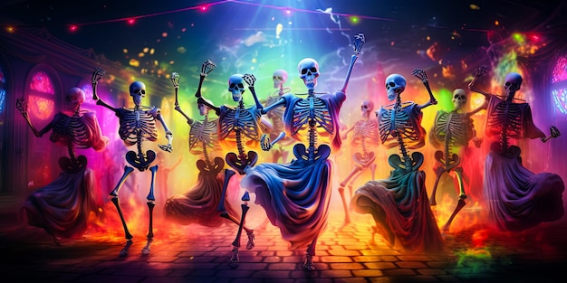 ilustração de esqueletos dançando na festa discoteca de Halloween