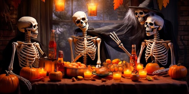 ilustração de esqueletos sentados à mesa festiva e celebrando a festa de Halloween Halloween