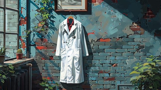 Ilustração de estetoscópio e casaco branco pendurado na parede para o Dia Nacional dos Médicos