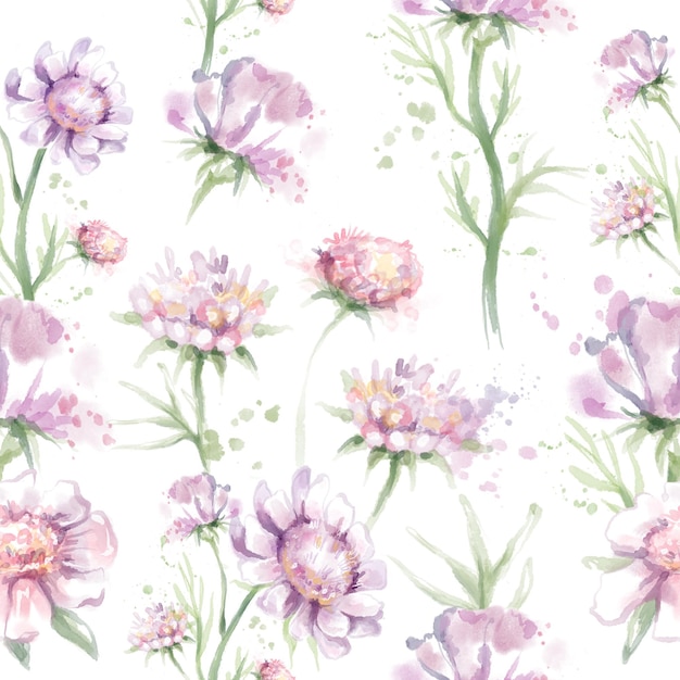 Ilustração de estilização de flores cor de rosa em aquarela, isolado, padrão sem emenda