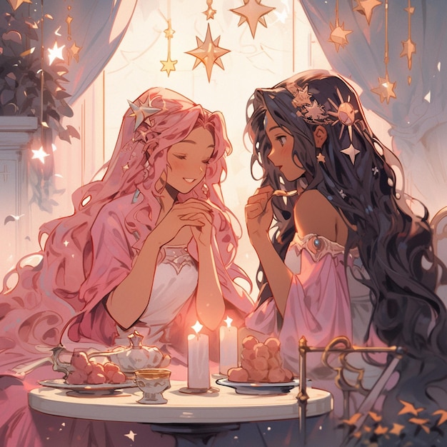 ilustração de estilo anime de duas mulheres sentadas em uma mesa com um bolo generativo ai