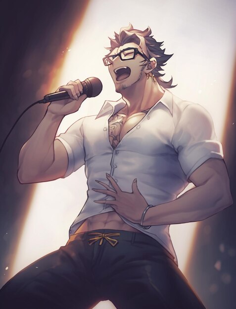 ilustração de estilo anime de um homem cantando em um microfone