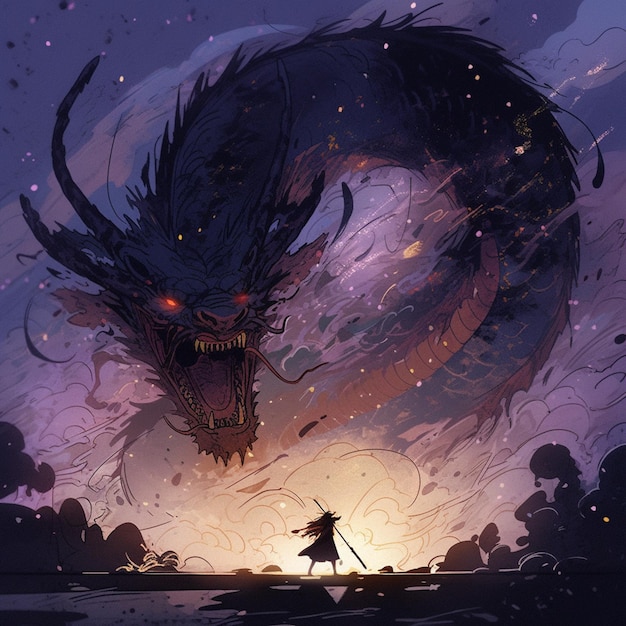 Ilustração de estilo anime de um homem de pé na frente de um dragão gigante