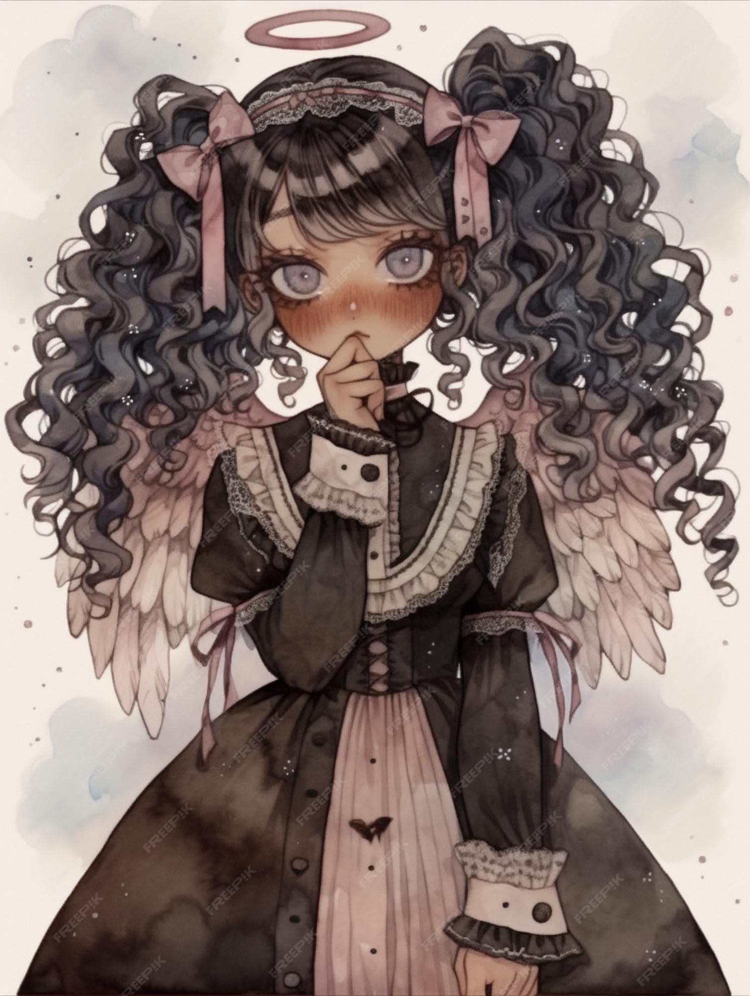 Desenho estilo anime de uma garota com asas de anjo e um vestido generativo  ai