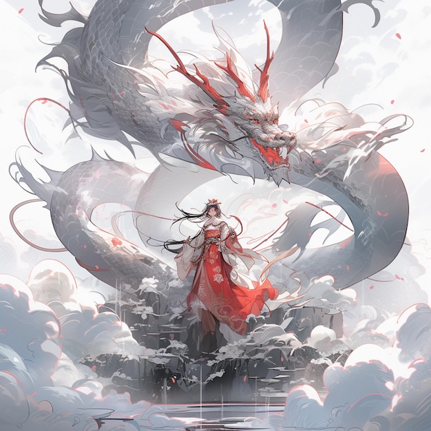 ilustração de estilo anime de uma mulher com um vestido vermelho de pé em um dragão generativo ai