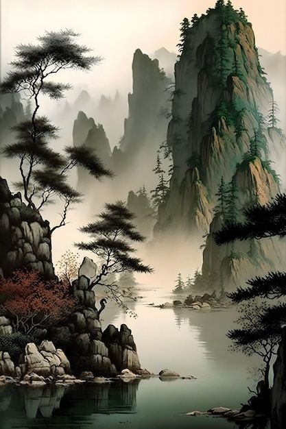 ilustração de estilo chinês em aquarela, gerada por ai