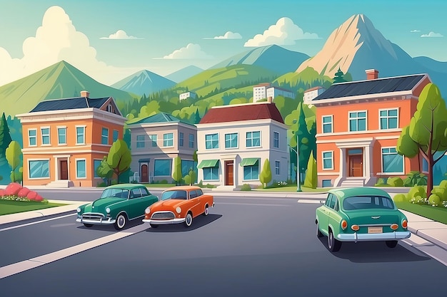 Ilustração de estilo de desenho animado vetorial plano de paisagem urbana rua com carros skyline