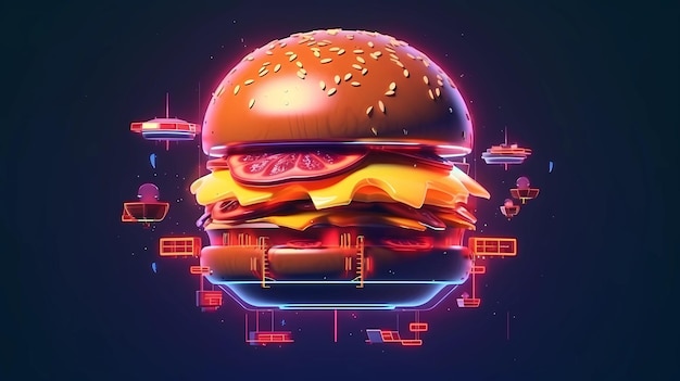 Ilustração de estilo futurista e luzes neon de hambúrguer ou hambúrguer ai generative