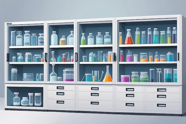Ilustração de estilo plano vetorial de armários de armazenamento de equipamentos de laboratório