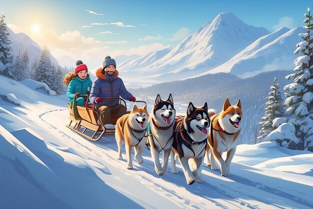 Ilustração de estoque de família feliz com trenó de cão em encosta de inverno coberta de neve