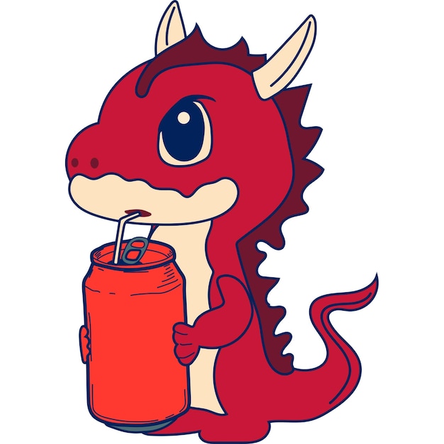 Ilustração de estoque vetorial emoji isolado personagem de desenho animado dragão dinossauro bebe refrigerante de uma lata
