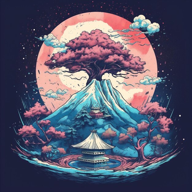 Ilustração de fantasia da árvore bonsai Monte Fuji com árvores montanhas nuvens geradas por IA