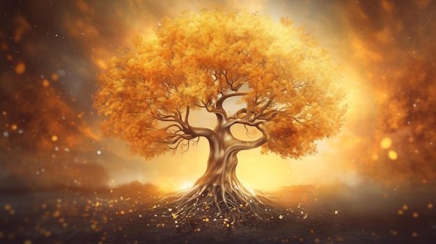 Ilustração de fantasia de árvore dourada belo resumo