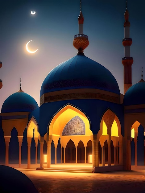 ilustração de fantasia de uma bela mesquita muçulmana detalhada à noite