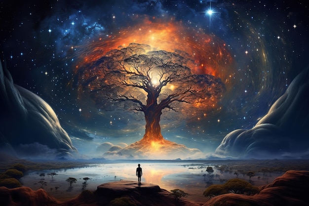 Foto ilustração de fantasia paisagem de sonho galáxia e silhueta humana